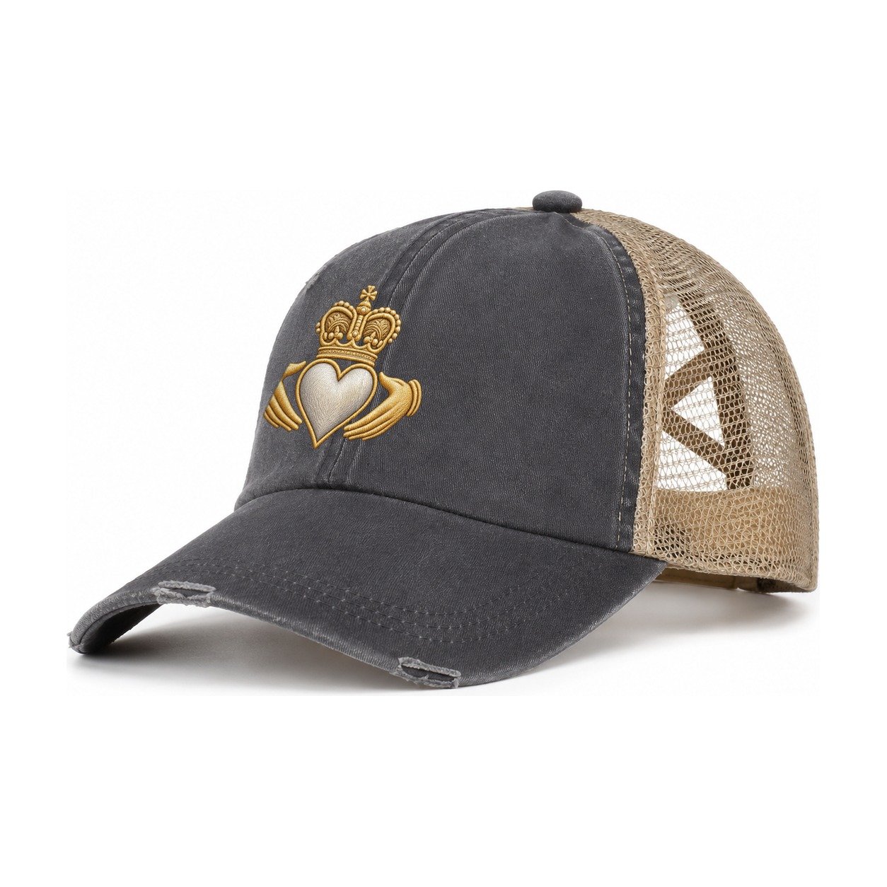 Claddagh Symbol Women's Ponytail Trucker Hat – Charcoal Khaki