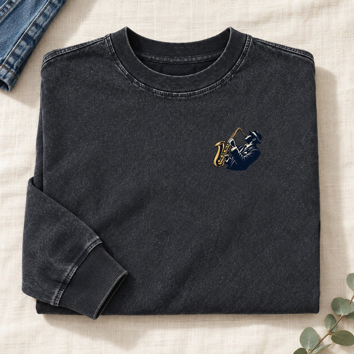 Jazz Saxophonist Left Chest Washed Long Sleeve T-Shirt – Black