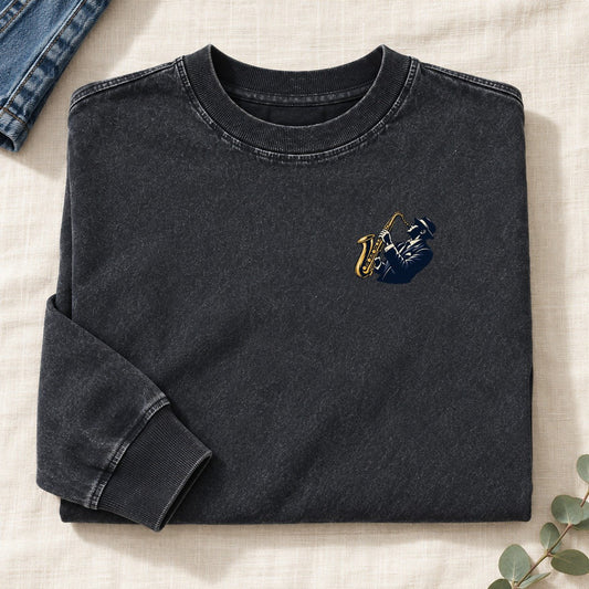 Jazz Saxophonist Left Chest Washed Long Sleeve T-Shirt – Black