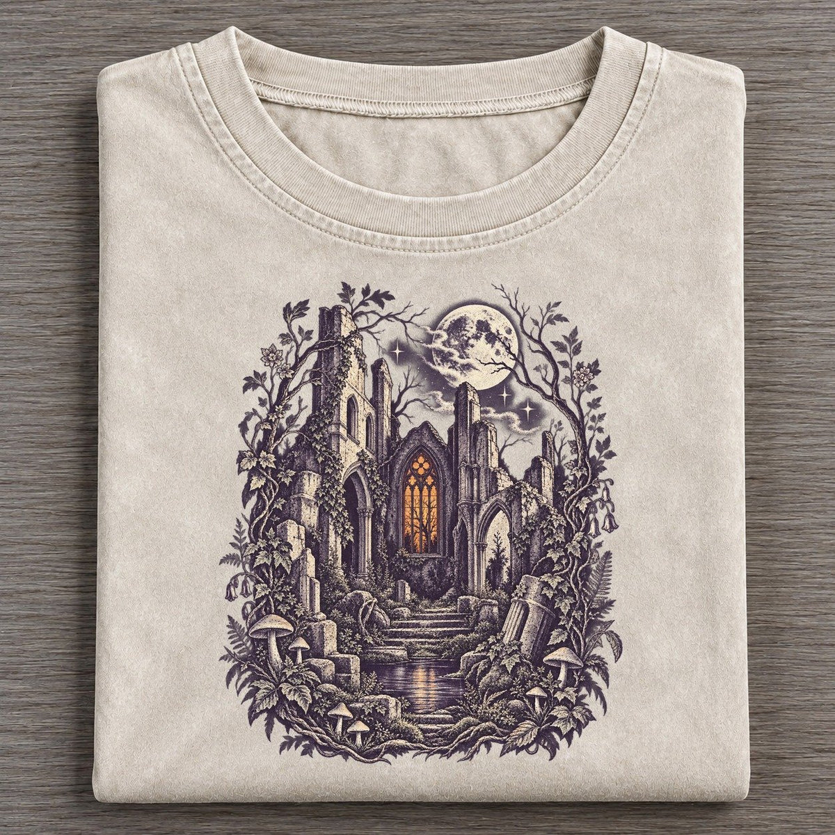 Church Ruins Stained Glass Midnight Haunt Vintage T-shirt – Off White