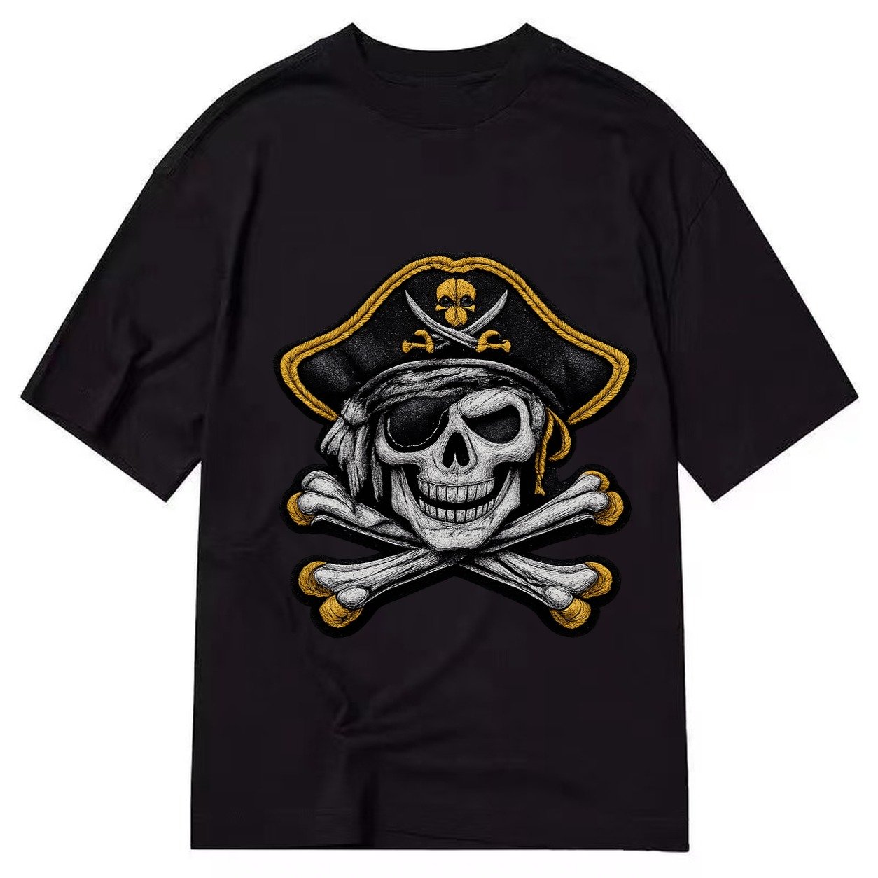 Embroidered Patch Design Pirate Skull Jolly Roger Skull In B Classic T-shirt – Black