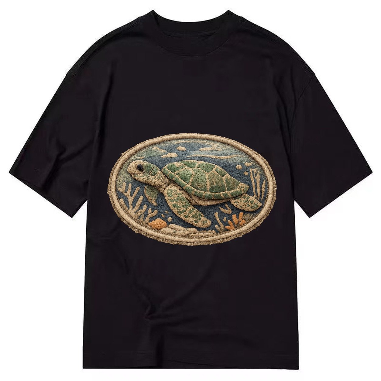 Embroidered Patch Design Sea Turtle Swimming Turtle In Green Classic T-shirt – Black
