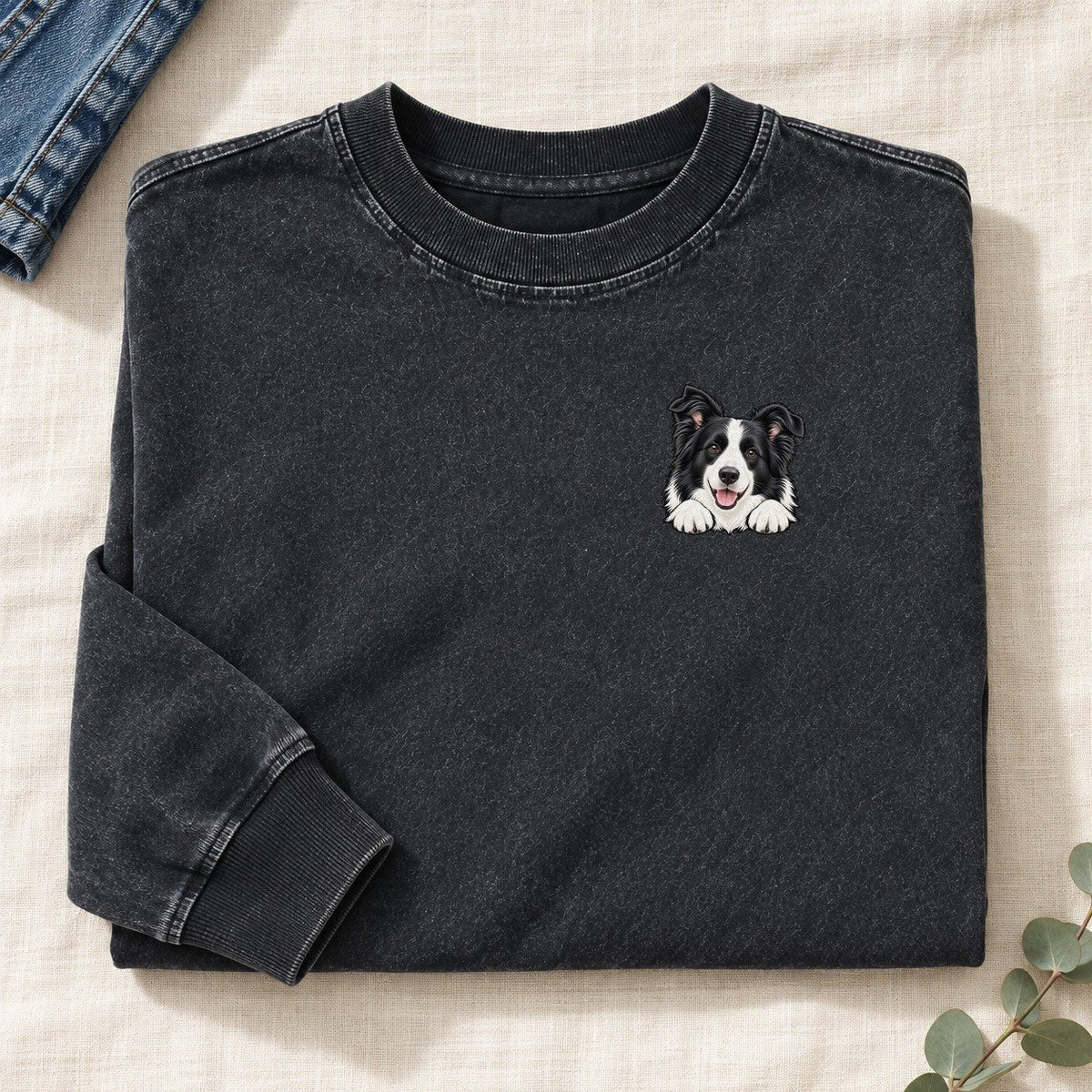 Border Collie Left Chest Washed Long Sleeve T-Shirt – Black