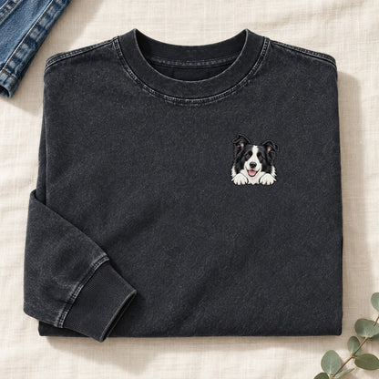 Border Collie Left Chest Washed Long Sleeve T-Shirt – Black