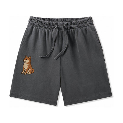 Shiba Inu Red Sesame Embroidered Sitting Pose Washed Shorts – Dark Gray