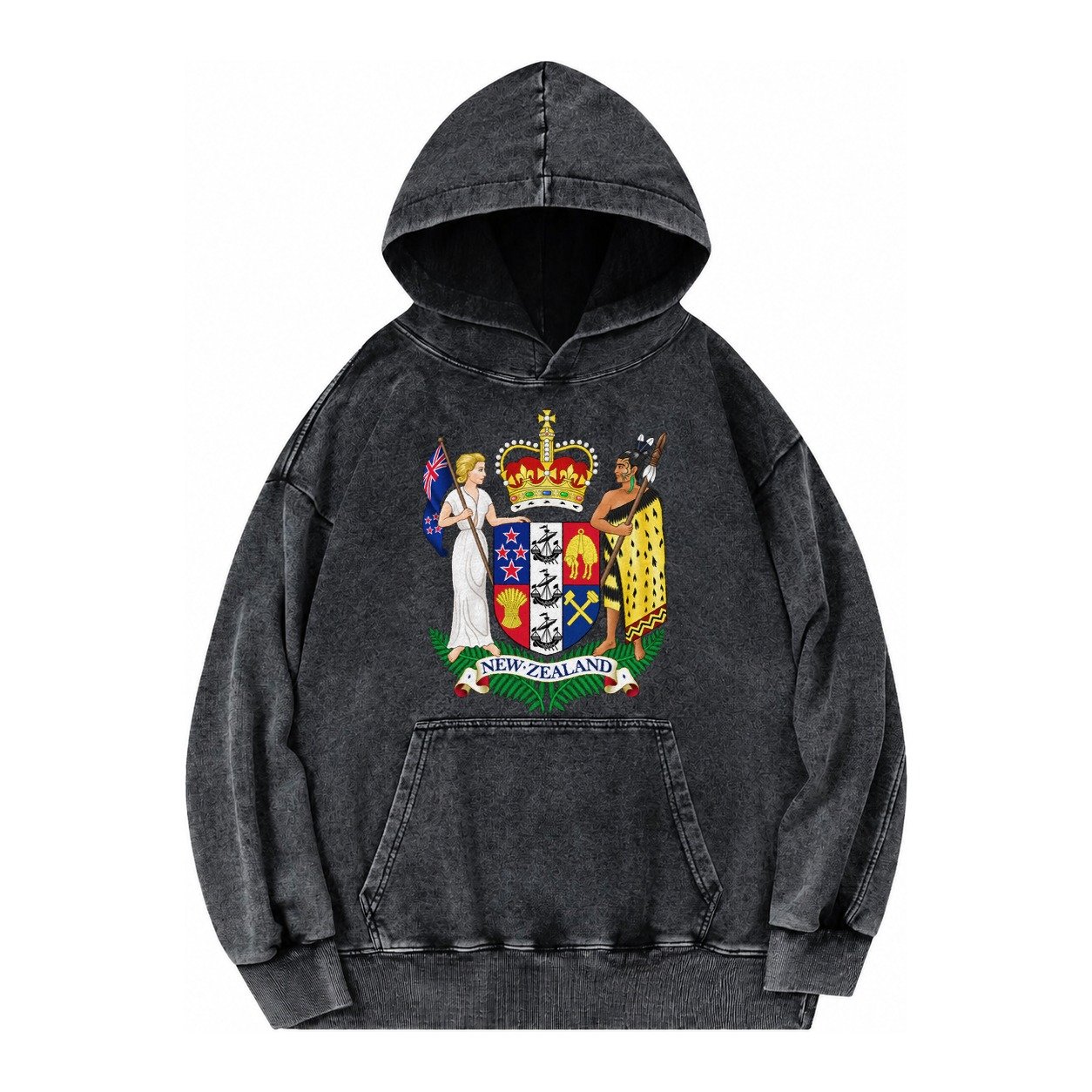 Coat Of Arms Of New Zealand Vintage Washed Hoodie – Black