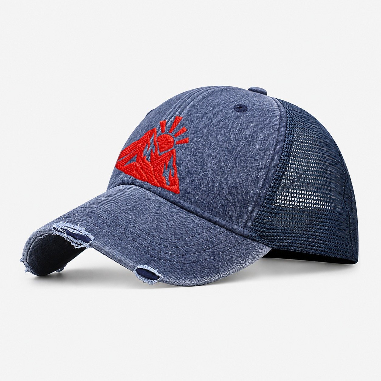 Mountain Sunrise Cut Micro Motion Mark Washed Trucker Hat – Navy