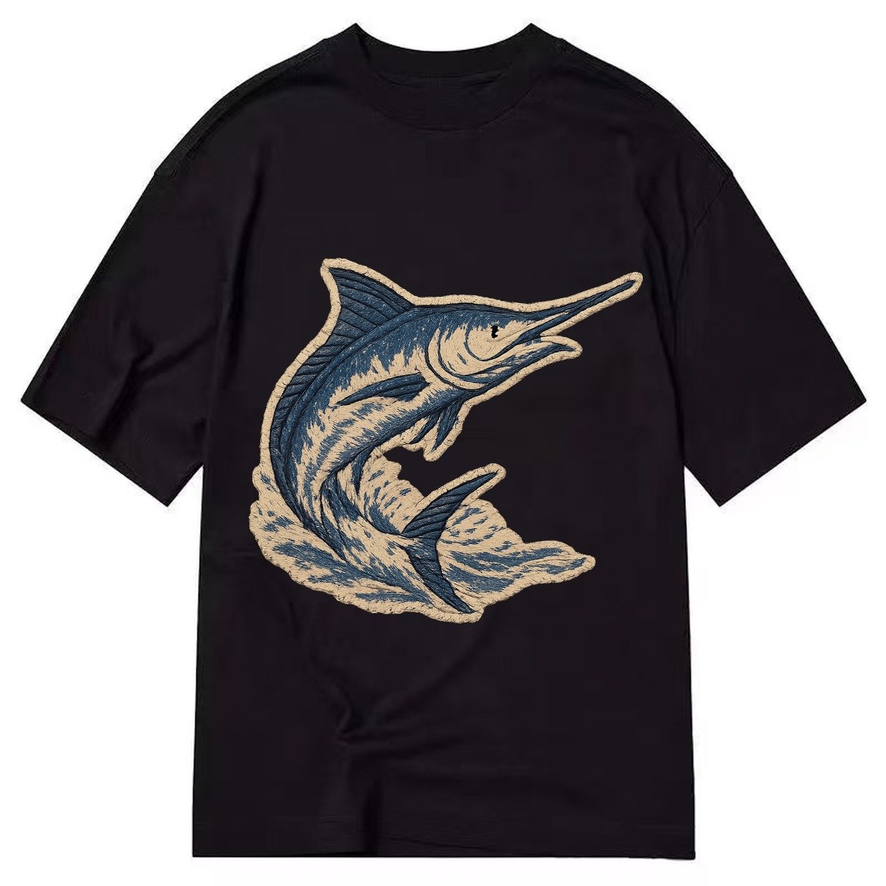 Embroidered Patch Design Swordfish Marlin Leaping Marlin In Classic T-shirt – Black