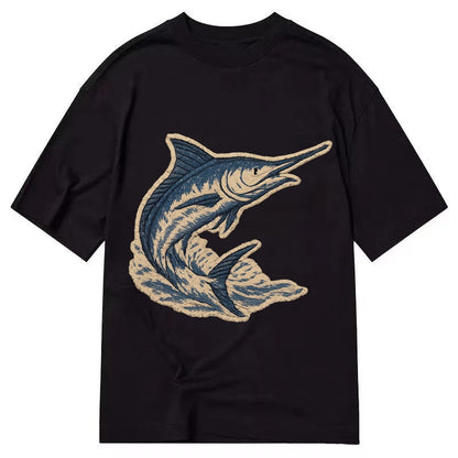 Embroidered Patch Design Swordfish Marlin Leaping Marlin In Classic T-shirt – Black