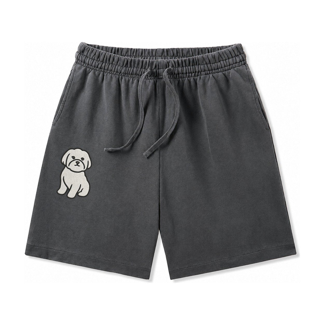 Maltese Pure White Fluffy Embroidered Design Washed Shorts – Dark Gray