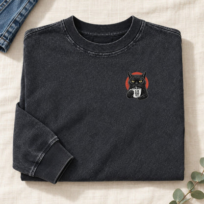 Is He Dead Yet Cat Left Chest Washed Long Sleeve T-Shirt – Black