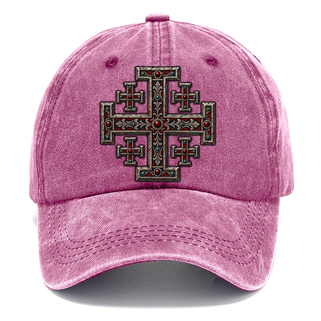 Engraved Silver Reliquary Panel Jerusalem Cross Classic Cap – Dusty Rose