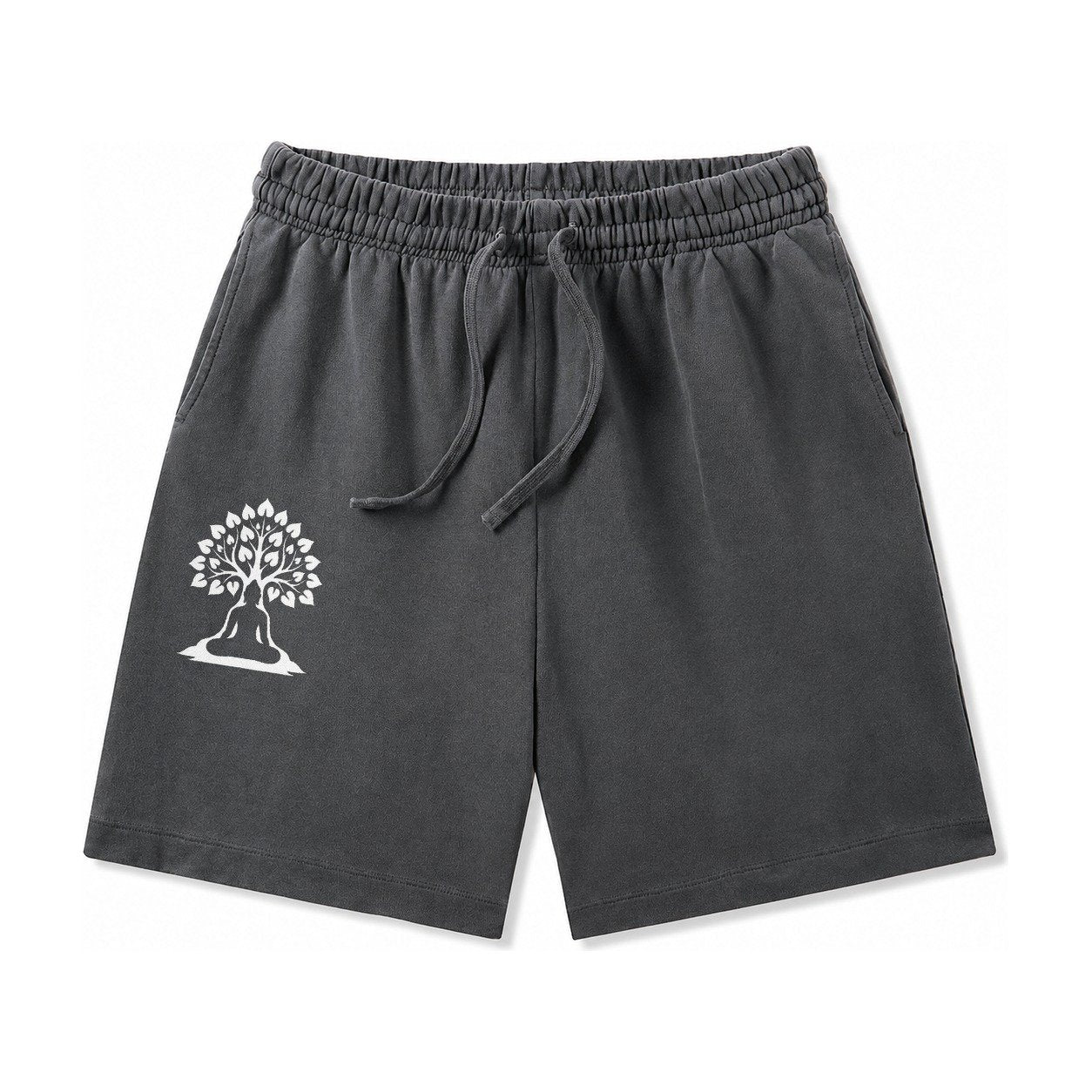 Buddha Silhouette Meditating Negative Space Forms Bodhi Tree Washed Shorts – Dark Gray