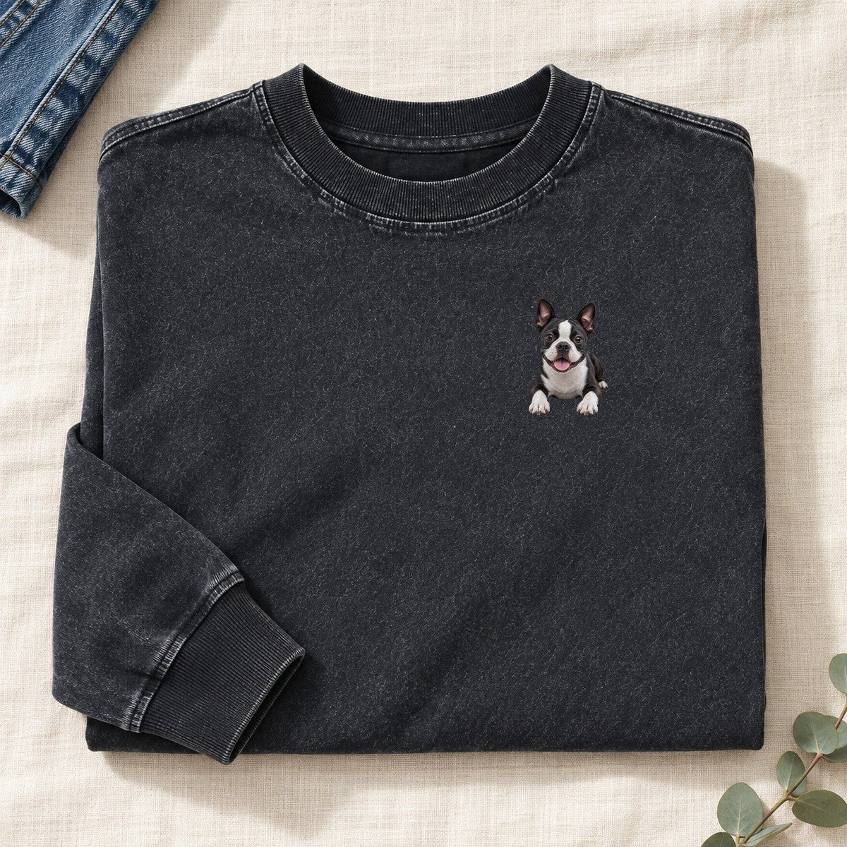 Boston Terrier Lying Down Left Chest Washed Long Sleeve T-Shirt – Black