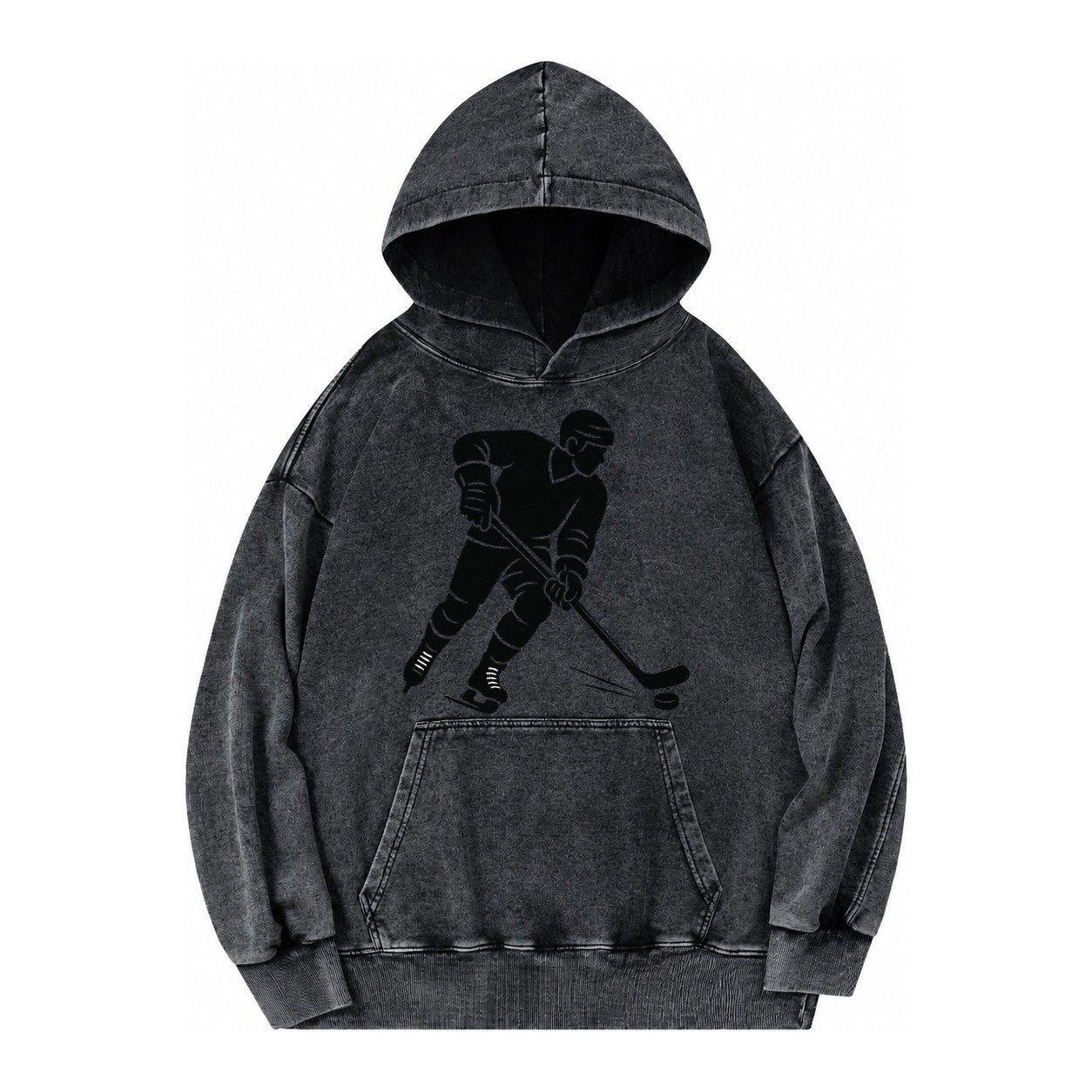 Ice Hockey Player Shooting Puck Vintage Washed Hoodie – Black