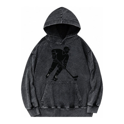 Ice Hockey Player Shooting Puck Vintage Washed Hoodie – Black