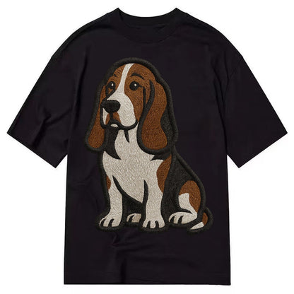 Basset Hound Tri Color Embroidered Sitting Pose Classic T-shirt – Black