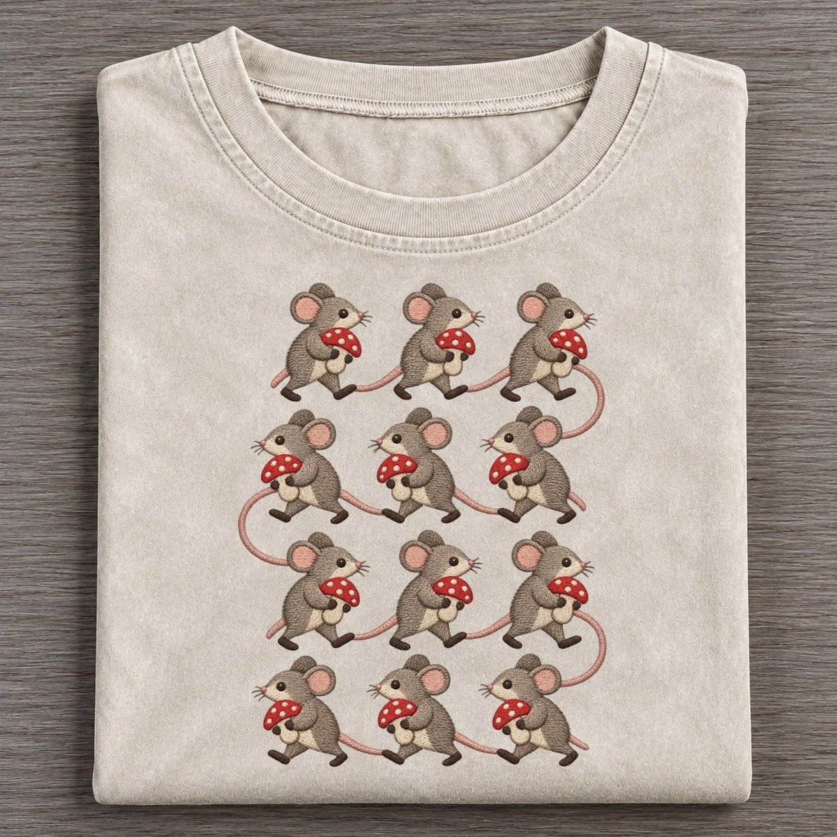 Mice With Mushrooms Single File Vintage T-shirt – Off White