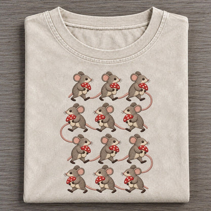 Mice With Mushrooms Single File Vintage T-shirt – Off White