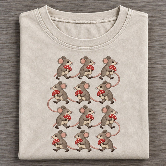 Mice With Mushrooms Single File Vintage T-shirt – Off White
