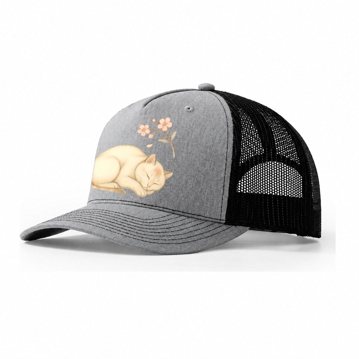 Zen Garden Cat Japanese Aesthetic Lying Peaceful Minimalist Trucker Hat – Sport Grey-Black