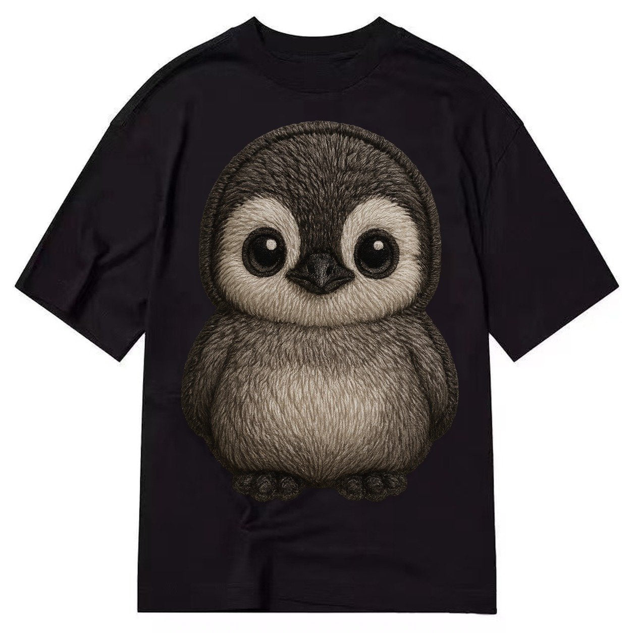 Baby Penguin Chick Gray Fluffy White Face Round Body Front F Classic T-shirt – Black