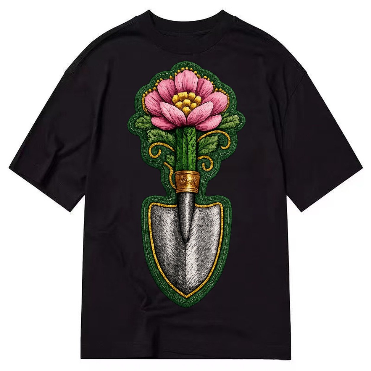 Embroidered Patch Design Gardening Trowel Flower Garden Tool Classic T-shirt – Black