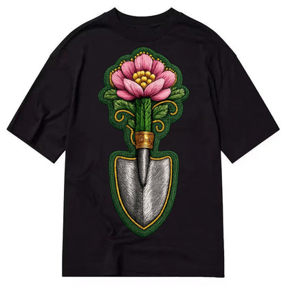 Embroidered Patch Design Gardening Trowel Flower Garden Tool Classic T-shirt – Black