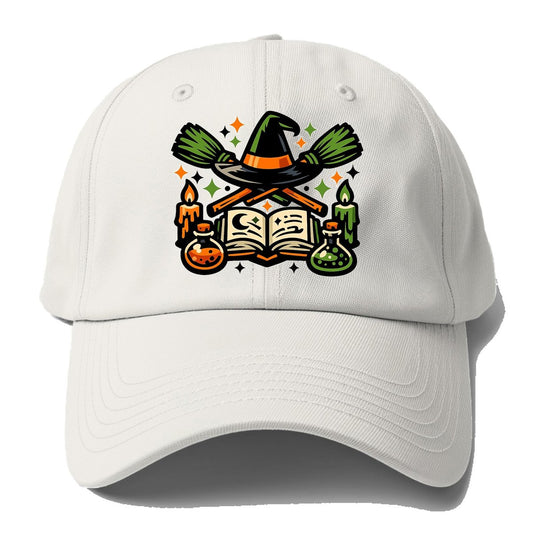 Witch Spellbook Crossed Brooms Baseball Cap – Off White