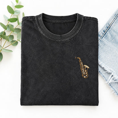 Saxophone Symbol Emblems Left Chest Vintage T-shirt – Black