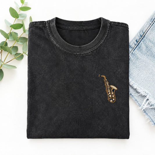 Saxophone Symbol Emblems Left Chest Vintage T-shirt – Black