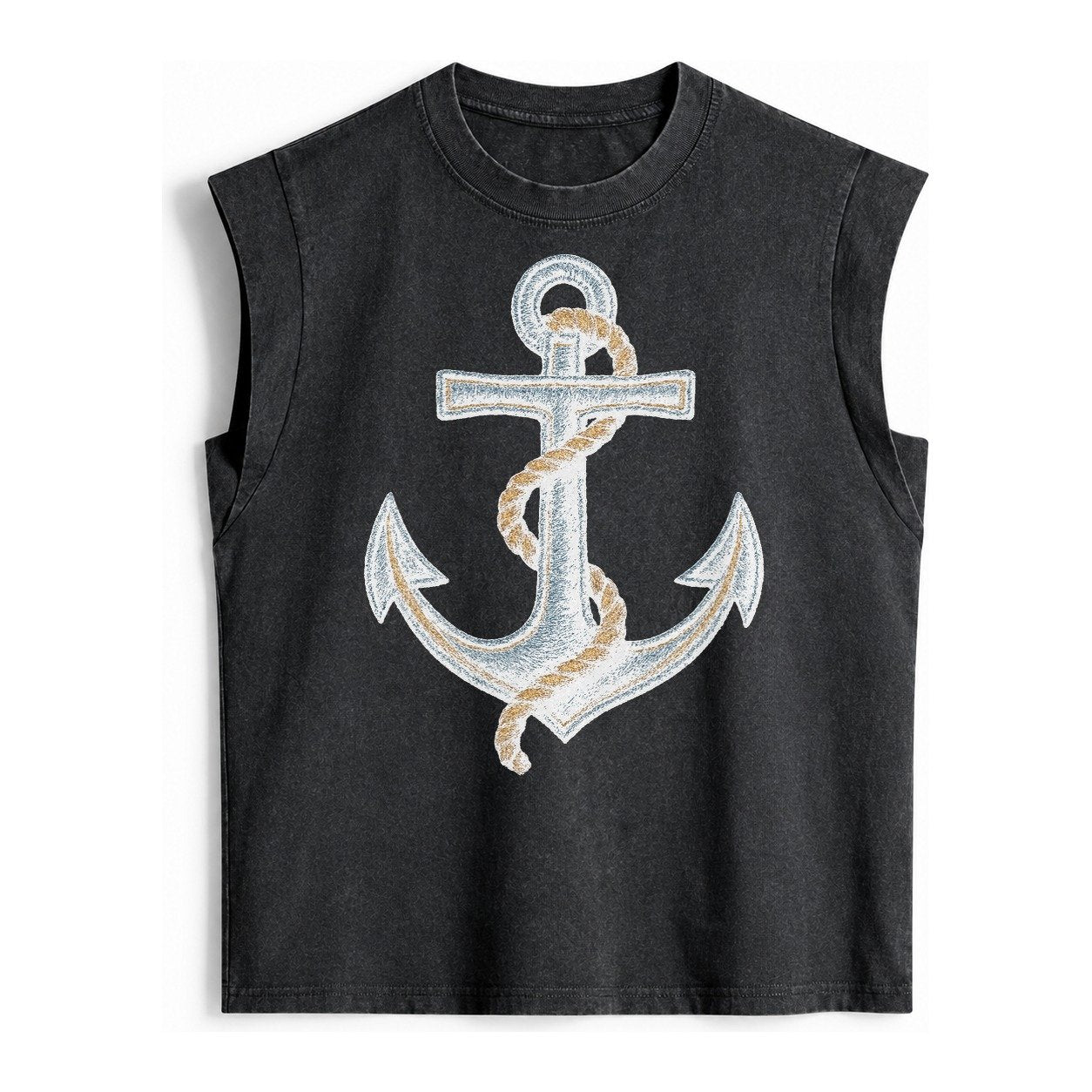 Anchor And Rope Nautical Illustration Vintage Washed Tank – Black