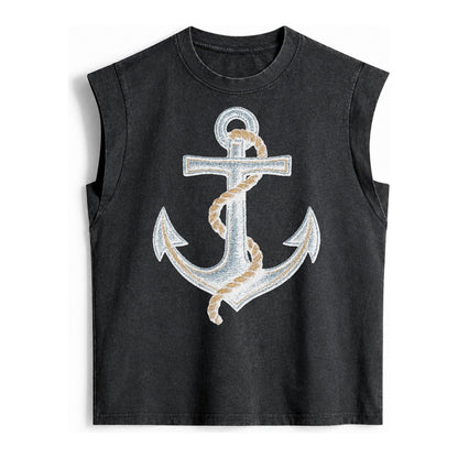 Anchor And Rope Nautical Illustration Vintage Washed Tank – Black