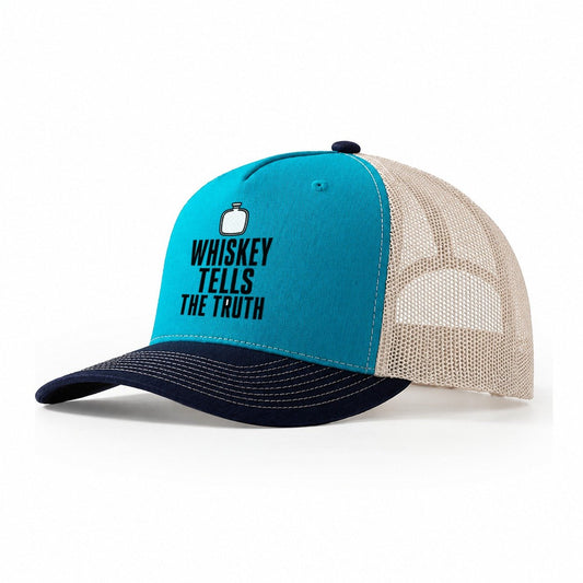 Whiskey Tells Truth Trucker Hat – Teal Navy