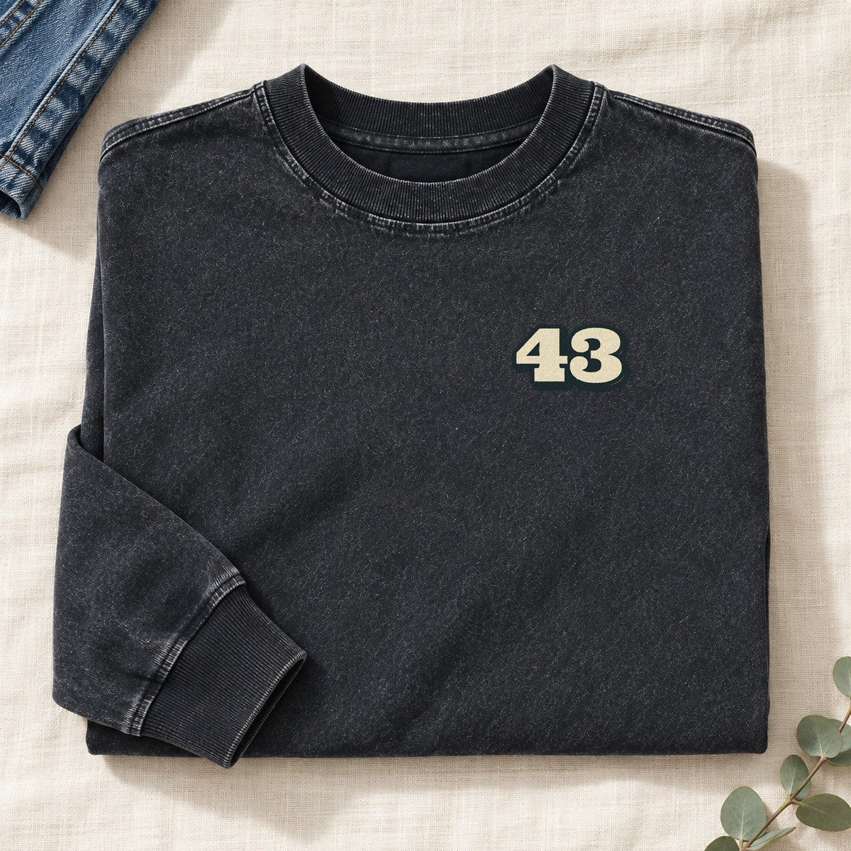 Number 43 Left Chest Washed Long Sleeve T-Shirt – Black