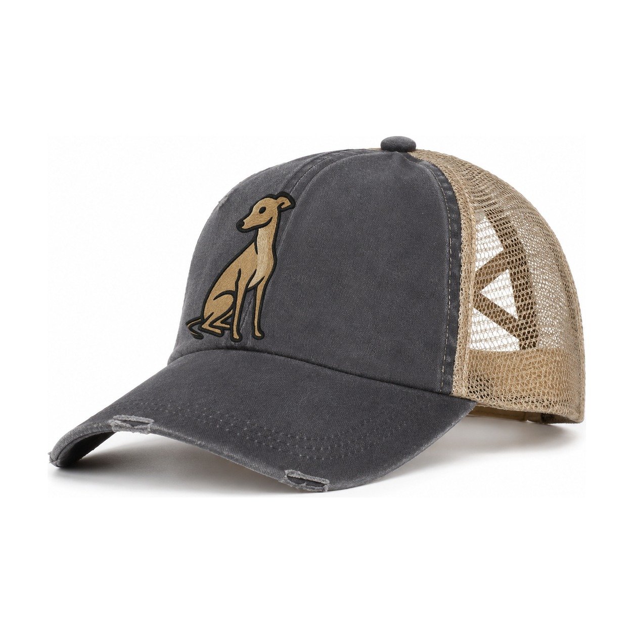 Whippet Fawn Colored Design Women's Ponytail Trucker Hat – Charcoal Khaki