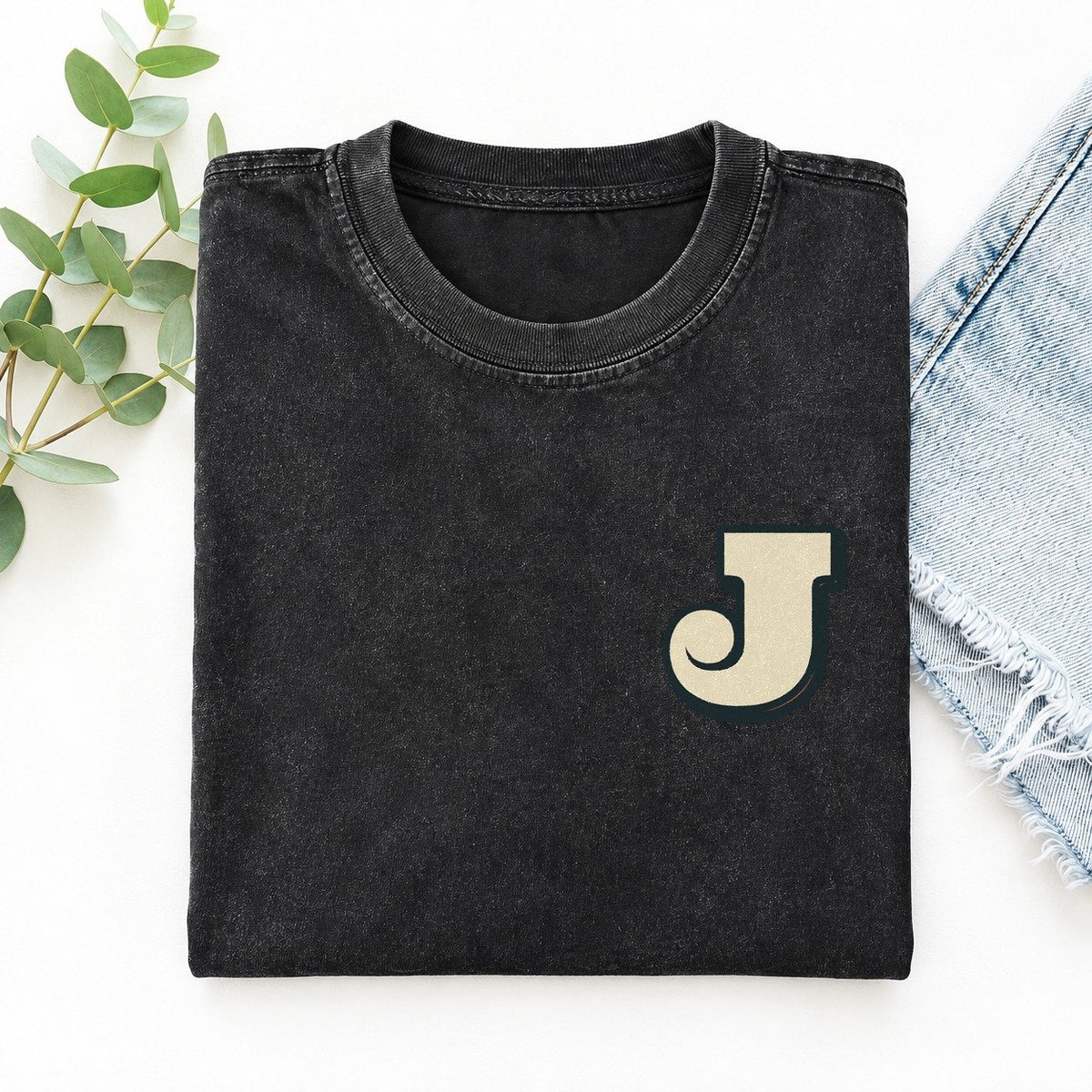 Initial J Left Chest Vintage T-shirt – Black