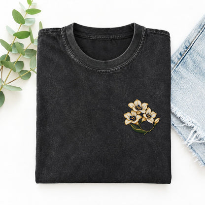 Freesia Stem Bend Left Chest Vintage T-shirt – Black