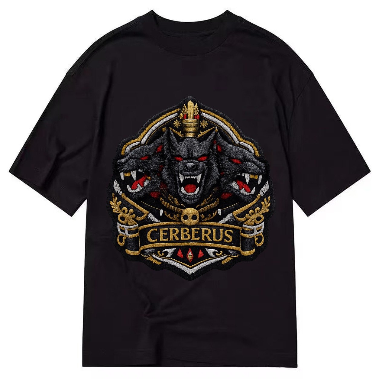 Embroidered Patch Design Cerberus Three Heads Triple Hound I Classic T-shirt – Black