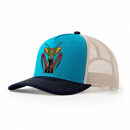 Praying Mantis Portrait Trucker Hat – Teal Navy