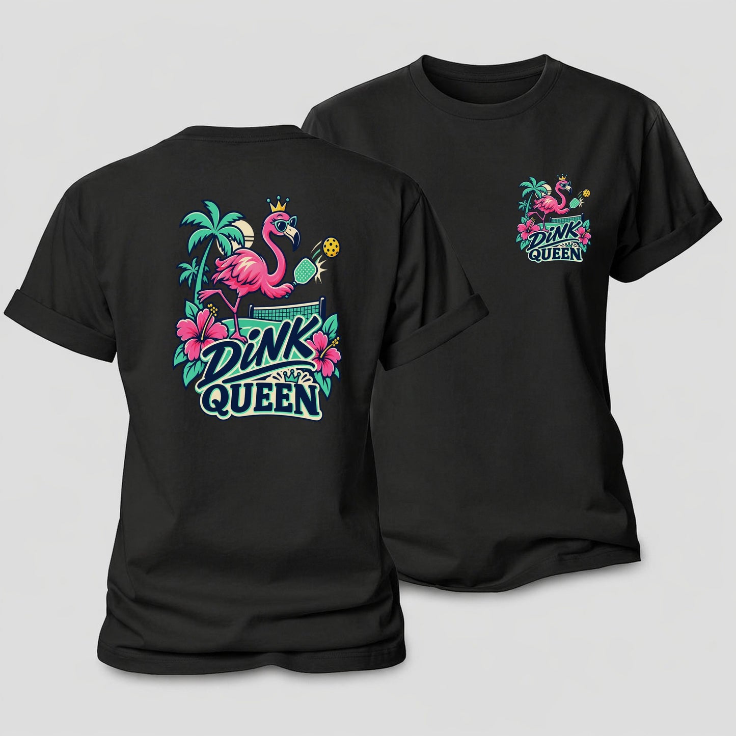 Flamingo Dink Queen Pickleball Life Women's Cotton T-Shirt – Black