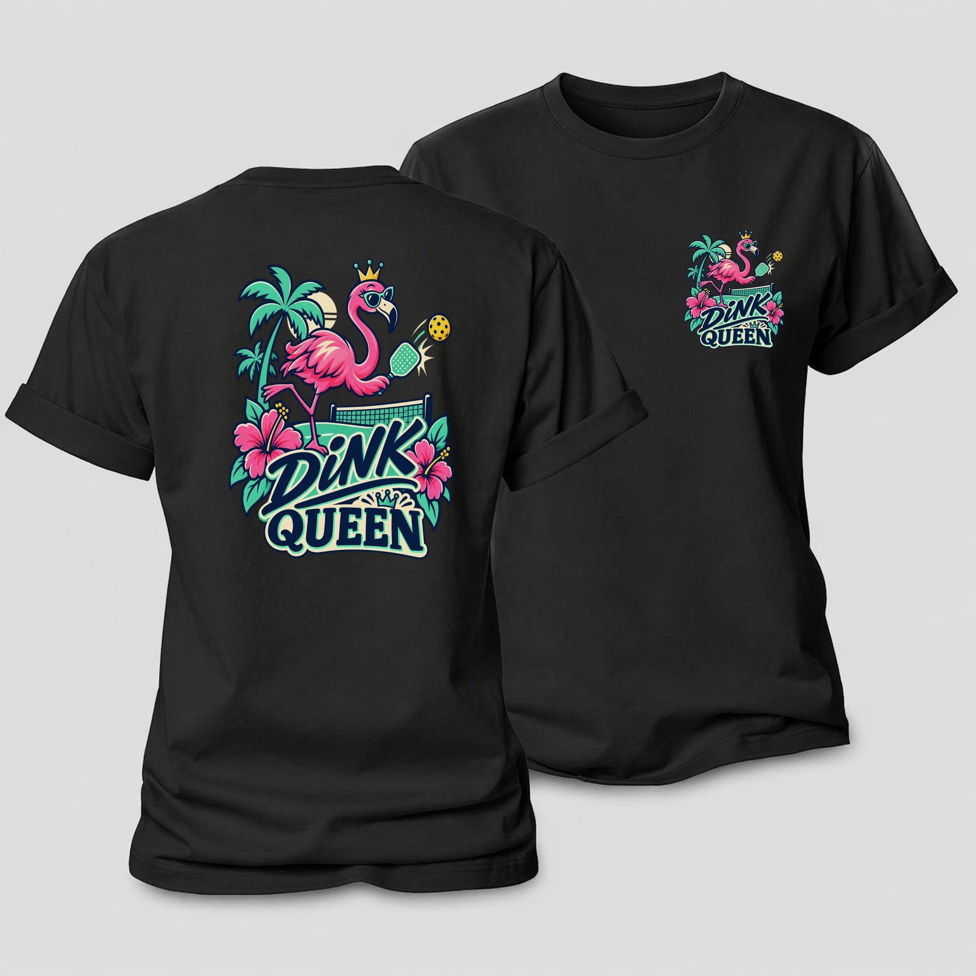 Flamingo Dink Queen Pickleball Life Women's Cotton T-Shirt – Black