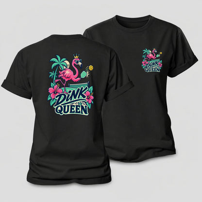 Flamingo Dink Queen Pickleball Life Women's Cotton T-Shirt – Black