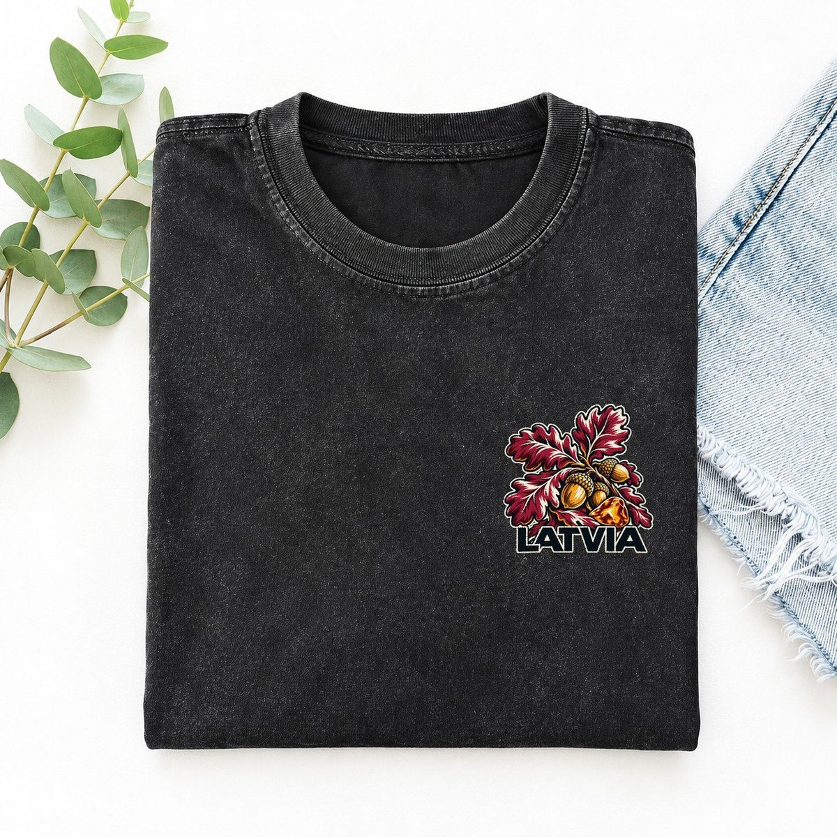 Latvia Country Pride Left Chest Vintage T-shirt – Black
