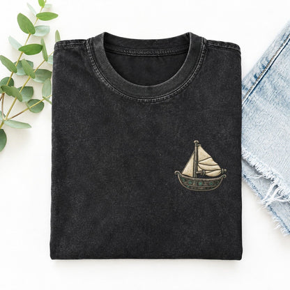 Sailboat Reefed Sail Keepsake Emblem Left Chest Vintage T-shirt – Black
