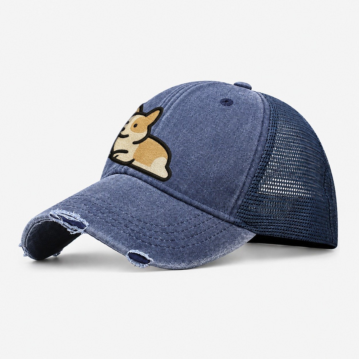 Corgi Sploot Lying Position Washed Trucker Hat – Navy