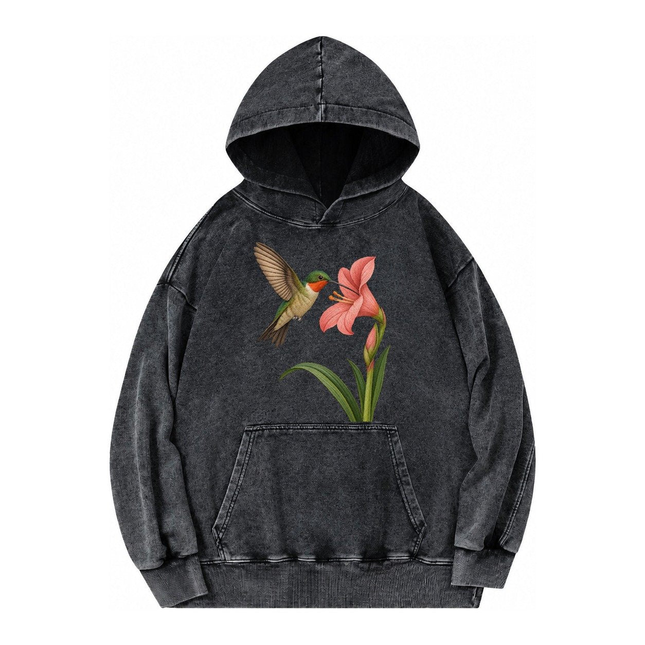 Hummingbird Haven Vintage Washed Hoodie – Black