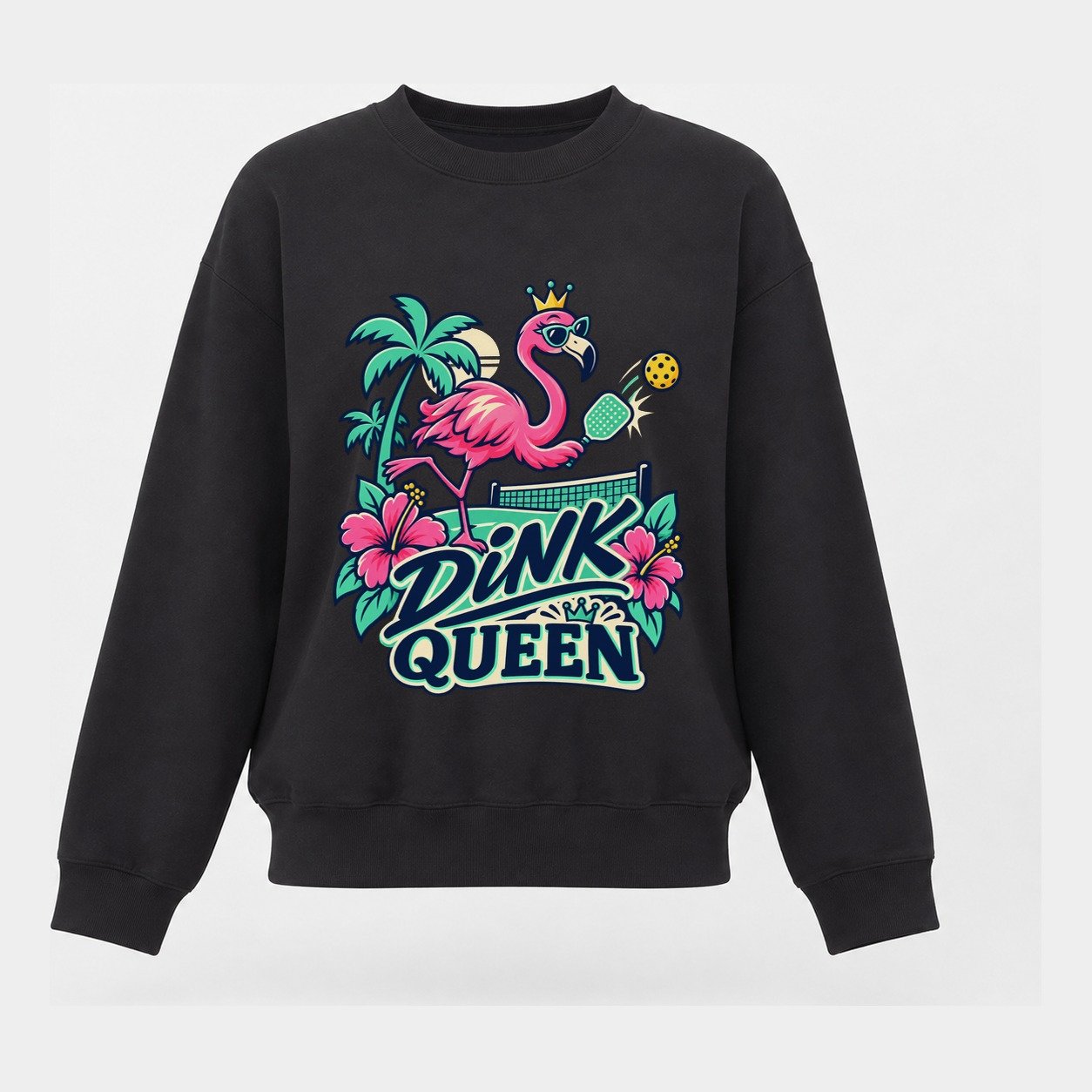 Flamingo Dink Queen Pickleball Life Women's Crewneck Sweatshirt – Black