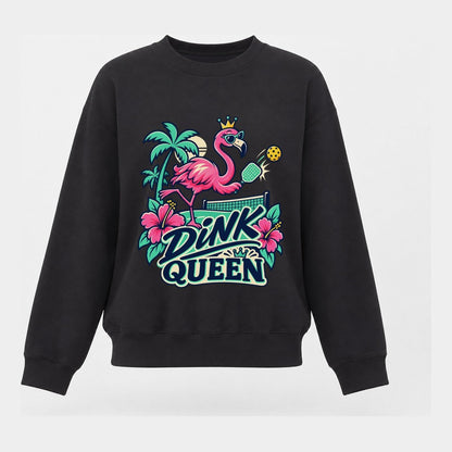 Flamingo Dink Queen Pickleball Life Women's Crewneck Sweatshirt – Black