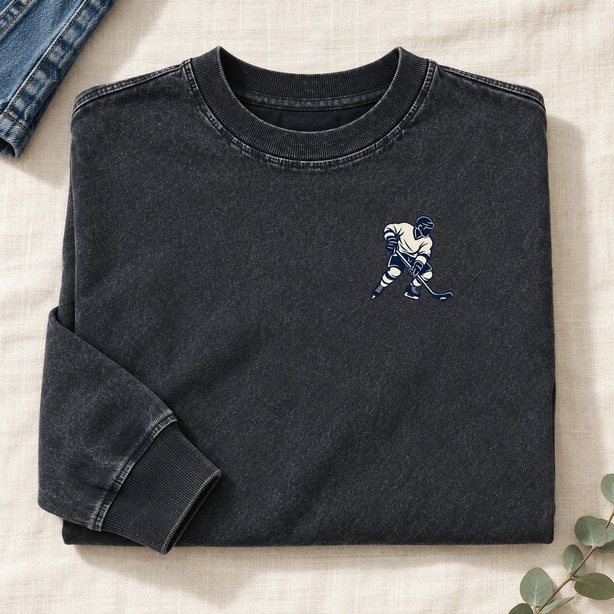 Ice Hockey Shot Left Chest Washed Long Sleeve T-Shirt – Black